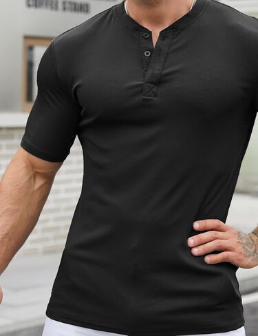 Mens Muscle Slim Henley Shirts Stretch Ribbed Casual Short Sleeve Basic T-Shirt with 3 Buttons in Saudi Arabia