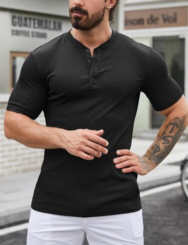 Mens Muscle Slim Henley Shirts Stretch Ribbed Casual Short Sleeve Basic T-Shirt with 3 Buttons in Saudi Arabia