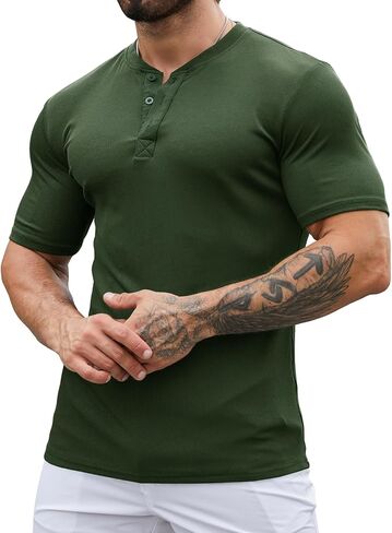 Mens Muscle Slim Henley Shirts Stretch Ribbed Casual Short Sleeve Basic T-Shirt with 3 Buttons in Saudi Arabia