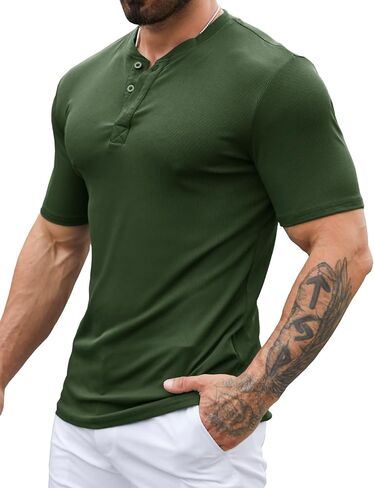 Mens Muscle Slim Henley Shirts Stretch Ribbed Casual Short Sleeve Basic T-Shirt with 3 Buttons in Saudi Arabia