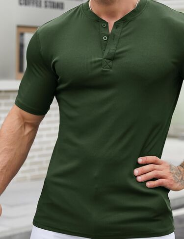 Mens Muscle Slim Henley Shirts Stretch Ribbed Casual Short Sleeve Basic T-Shirt with 3 Buttons in Saudi Arabia