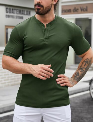 Mens Muscle Slim Henley Shirts Stretch Ribbed Casual Short Sleeve Basic T-Shirt with 3 Buttons in Saudi Arabia