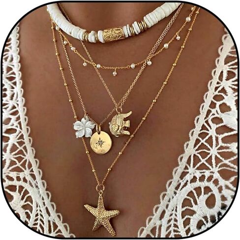 Gold Charm Shell Necklace for Women Teen Girls Hawaii Chain Necklace with Cute Dangle Shell Starfish Conch Ship Sea Ocean Pendant Adjustable Trendy Summer Stuff for Teen Girls in Saudi Arabia