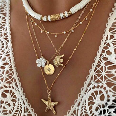 Gold Charm Shell Necklace for Women Teen Girls Hawaii Chain Necklace with Cute Dangle Shell Starfish Conch Ship Sea Ocean Pendant Adjustable Trendy Summer Stuff for Teen Girls in Saudi Arabia