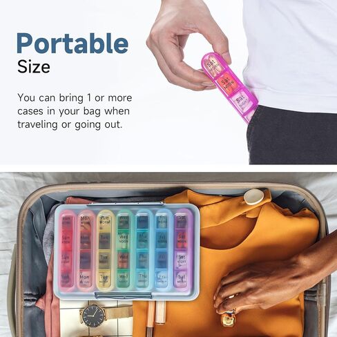 Moisture-Proof Weekly Pill Organizer 4 Times a Day,Betife Portable Travel 7-Day Pill Boxes,28 Big Compartments Pill Case to Hold Medicine Organizer, Vitamin and Supplement Pill Container（Black） in Kuwait