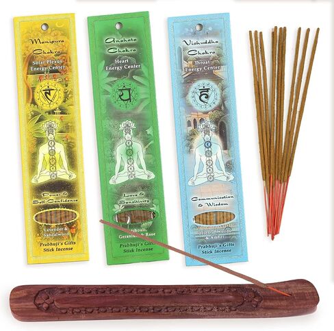 Prabhuji's Gifts Hand-Rolled Spiritual Incense Sticks – Solar plexus Chakra Heart Chakra Throat Chakra - Aromatic Sticks - Incense for Meditation Relaxation - 3 Packs of 10 Sticks with Wooden Burner in Saudi Arabia