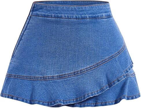 MakeMeChic Women's Denim Skorts Ruffle Layer A Line Wrap Jean Skirt Shorts in Saudi Arabia