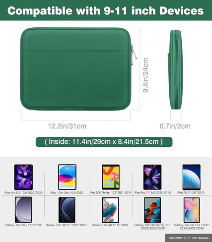 حافظة حمل للكمبيوتر اللوحي مقاس 9-11 بوصة لجهاز iPad 10.2 9/8/7th Gen، iPad Pro 11 M4 M2 2024-2018، iPad Air 11" 2024، iPad Air 5/4 10.9، iPad 10th Gen 10.9، Galaxy Tab A9+/S9 FE/A8، أخضر داكن in Kuwait