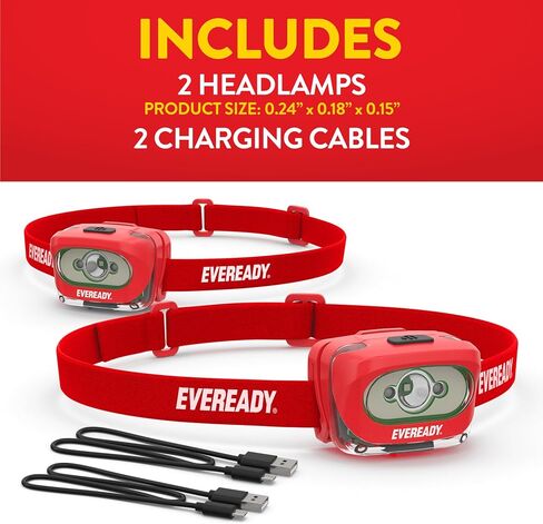 مصابيح أمامية Eveready X200 LED قابلة لإعادة الشحن (عبوة من قطعتين)، مصابيح أمامية فائقة السطوع مقاومة للماء IPX4 للجري والتخييم والطوارئ وفي الهواء الطلق (يتضمن كابل USB) in Kuwait