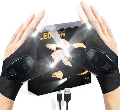 قفازات مصباح يدوي LED من ثكس تومز قابلة لإعادة الشحن، للرجال الأب، عيد الميلاد، هدايا عيد ميلاد للأب صديق الزوج، أدوات رائعة لإصلاح تخييم الصيد، أسود in Kuwait