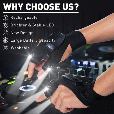 قفازات مصباح يدوي LED من ثكس تومز قابلة لإعادة الشحن، للرجال الأب، عيد الميلاد، هدايا عيد ميلاد للأب صديق الزوج، أدوات رائعة لإصلاح تخييم الصيد، أسود in Kuwait