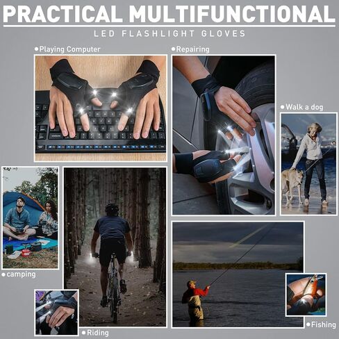 قفازات مصباح يدوي LED من ثكس تومز قابلة لإعادة الشحن، للرجال الأب، عيد الميلاد، هدايا عيد ميلاد للأب صديق الزوج، أدوات رائعة لإصلاح تخييم الصيد، أسود in Kuwait