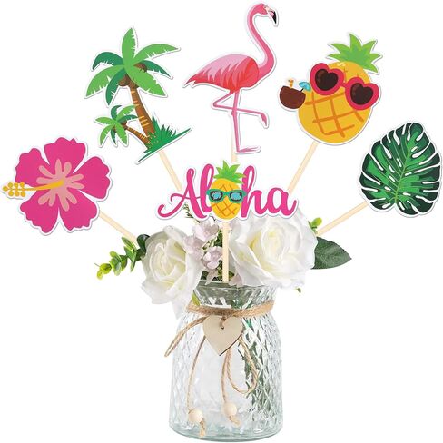 18 PCS Tropical Aloha Luau Centerpiece Sticks Palm Tree Turtle Leaves Flamingo Pineapple Table Flower Centerpieces for Summer Hawaiian Tropical Luau Theme Birthday Party Decorations Supplies in Kuwait