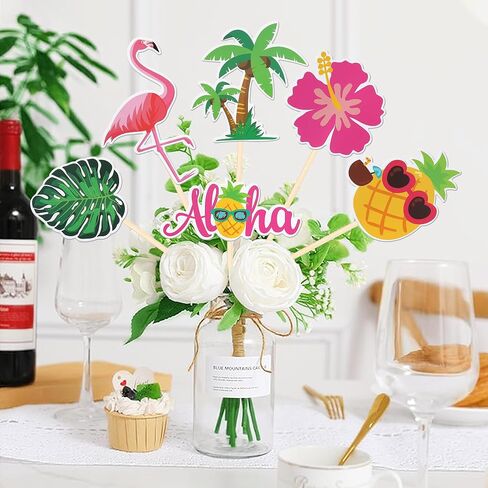 18 PCS Tropical Aloha Luau Centerpiece Sticks Palm Tree Turtle Leaves Flamingo Pineapple Table Flower Centerpieces for Summer Hawaiian Tropical Luau Theme Birthday Party Decorations Supplies in Kuwait