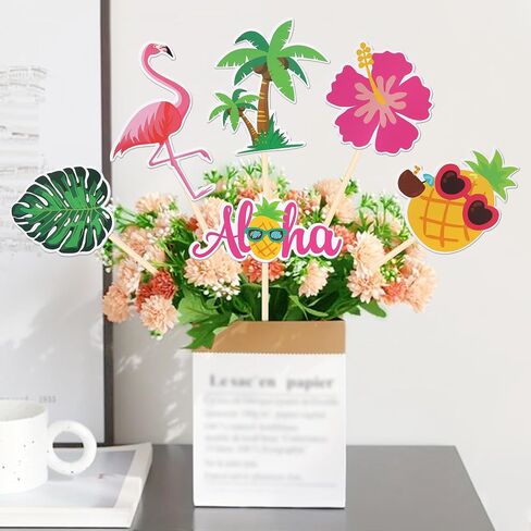 18 PCS Tropical Aloha Luau Centerpiece Sticks Palm Tree Turtle Leaves Flamingo Pineapple Table Flower Centerpieces for Summer Hawaiian Tropical Luau Theme Birthday Party Decorations Supplies in Kuwait