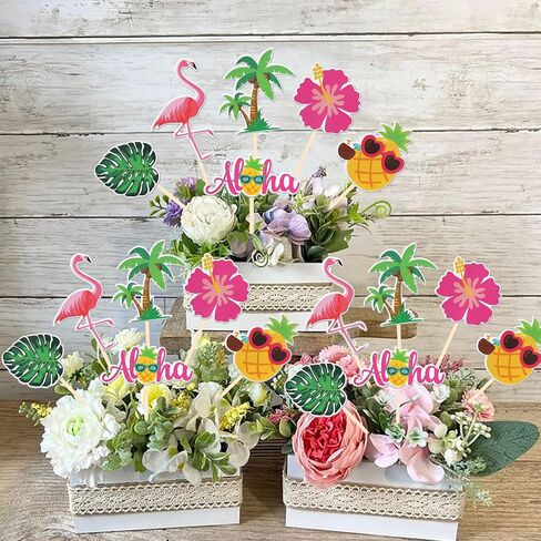 18 PCS Tropical Aloha Luau Centerpiece Sticks Palm Tree Turtle Leaves Flamingo Pineapple Table Flower Centerpieces for Summer Hawaiian Tropical Luau Theme Birthday Party Decorations Supplies in Kuwait