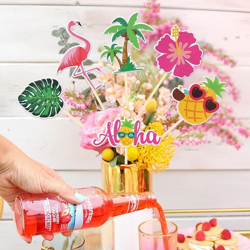 18 PCS Tropical Aloha Luau Centerpiece Sticks Palm Tree Turtle Leaves Flamingo Pineapple Table Flower Centerpieces for Summer Hawaiian Tropical Luau Theme Birthday Party Decorations Supplies in Kuwait