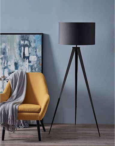 Versanora Romanza مصباح أرضي LED ثلاثي القوائم حديث طويل القامة مع ظل طبلة أرجل معدنية لغرفة المعيشة والقراءة وغرفة النوم والمكتب المنزلي، ارتفاع 60 بوصة، أسود غير لامع in Kuwait
