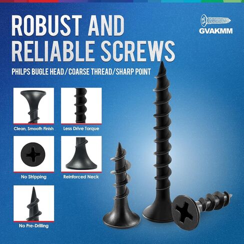 Drywall Screws Assortment Kit,#7 Black Wood Screws Set,160pcs，5 Sizes(3'',2'',1-3/8'',1'',5/8''),Coarse Thread Phillips Drive Bugle Head Sharp Point,Ideal for Wood,Sheetrock and More in Saudi Arabia