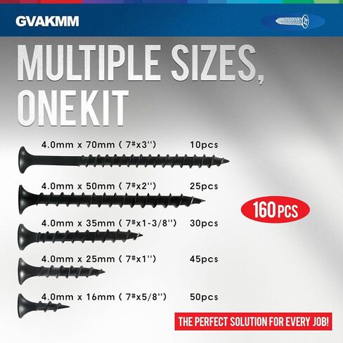 مجموعة متنوعة من براغي الحوائط الجافة، #7 مجموعة براغي خشبية سوداء، 160 قطعة، 5 أحجام (3 بوصة، 2 بوصة، 1-3/8 بوصة، 1 بوصة، 5/8 بوصة)، رأس بوق محرك فيليبس الخشن نقطة حادة، مثالية للخشب والألواح الصخرية والمزيد in Kuwait