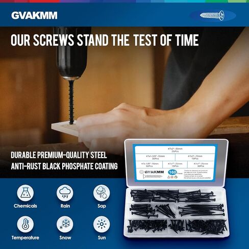 مجموعة متنوعة من براغي الحوائط الجافة، #7 مجموعة براغي خشبية سوداء، 160 قطعة، 5 أحجام (3 بوصة، 2 بوصة، 1-3/8 بوصة، 1 بوصة، 5/8 بوصة)، رأس بوق محرك فيليبس الخشن نقطة حادة، مثالية للخشب والألواح الصخرية والمزيد in Kuwait