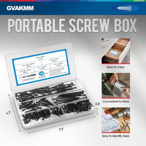 مجموعة متنوعة من براغي الحوائط الجافة، #7 مجموعة براغي خشبية سوداء، 160 قطعة، 5 أحجام (3 بوصة، 2 بوصة، 1-3/8 بوصة، 1 بوصة، 5/8 بوصة)، رأس بوق محرك فيليبس الخشن نقطة حادة، مثالية للخشب والألواح الصخرية والمزيد in Kuwait