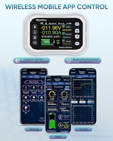 شاشة ذكية للبطارية مع تحويلة، بطارية لاسلكية 400 أمبير 0 فولت - 120 فولت مع شاشة طاقة شمسية للوحة الطاقة الشمسية لعربة الجولف للدراجات النارية RV، الفولتميتر للطاقة بنسبة مئوية من السعة in Kuwait