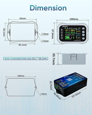 شاشة ذكية للبطارية مع تحويلة، بطارية لاسلكية 400 أمبير 0 فولت - 120 فولت مع شاشة طاقة شمسية للوحة الطاقة الشمسية لعربة الجولف للدراجات النارية RV، الفولتميتر للطاقة بنسبة مئوية من السعة in Kuwait