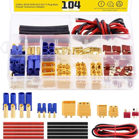 104 Pcs XT60 / XT90 /EC3 / EC5/T-Plug Deans/3.5mm Banana Plug Male Female Adapter Connectors with Heat Shrink Tube and Silicone Wire for RC Battery Charger ESC Motor Accessories in Saudi Arabia
