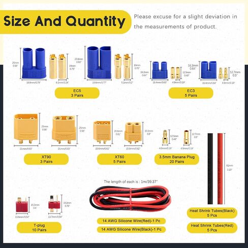 104 Pcs XT60 / XT90 /EC3 / EC5/T-Plug Deans/3.5mm Banana Plug Male Female Adapter Connectors with Heat Shrink Tube and Silicone Wire for RC Battery Charger ESC Motor Accessories in Saudi Arabia