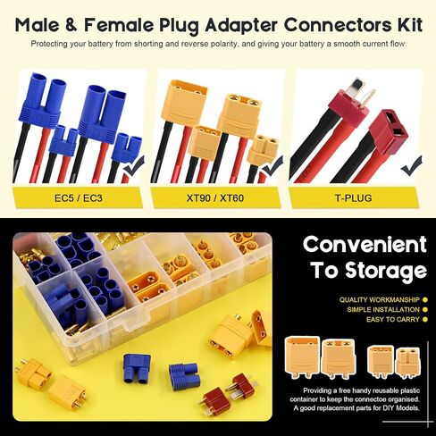 104 Pcs XT60 / XT90 /EC3 / EC5/T-Plug Deans/3.5mm Banana Plug Male Female Adapter Connectors with Heat Shrink Tube and Silicone Wire for RC Battery Charger ESC Motor Accessories in Saudi Arabia