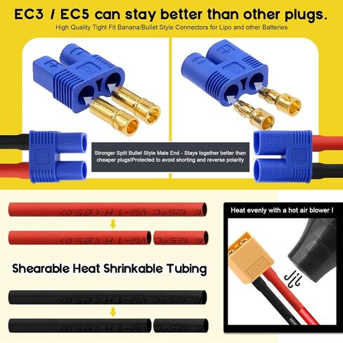 104 Pcs XT60 / XT90 /EC3 / EC5/T-Plug Deans/3.5mm Banana Plug Male Female Adapter Connectors with Heat Shrink Tube and Silicone Wire for RC Battery Charger ESC Motor Accessories in Saudi Arabia