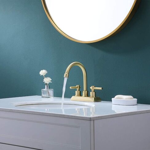 Modern 2 Handle 4 Inch Centerset Brushed Gold Bathroom Faucet,Lavatory Swivel Spout Vanity Bathroom Sink Faucet with Water Supply Lines & Pop-up Drain in Saudi Arabia