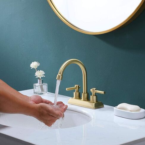 Modern 2 Handle 4 Inch Centerset Brushed Gold Bathroom Faucet,Lavatory Swivel Spout Vanity Bathroom Sink Faucet with Water Supply Lines & Pop-up Drain in Saudi Arabia