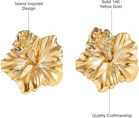 أقراط زهرة الكركديه هاواي من الذهب الأصفر الخالص عيار 14 قيراط، خالية من النيكل ولا تسبب الحساسية للبشرة الحساسة، للأم والابنة، يتضمن صندوق هدايا in Kuwait