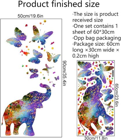 Creative Colorful Elephant Wall Decals Watercolor Butterfly Dots Wall Stickers DIY Removable Painting Ink Elephant Butterflies Wall Decor for Kids Girls Bedroom Living Room Nursery Decoration DT-093 in Saudi Arabia