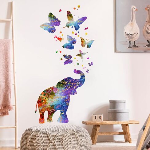 Creative Colorful Elephant Wall Decals Watercolor Butterfly Dots Wall Stickers DIY Removable Painting Ink Elephant Butterflies Wall Decor for Kids Girls Bedroom Living Room Nursery Decoration DT-093 in Saudi Arabia