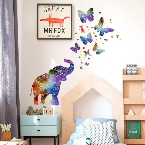 Creative Colorful Elephant Wall Decals Watercolor Butterfly Dots Wall Stickers DIY Removable Painting Ink Elephant Butterflies Wall Decor for Kids Girls Bedroom Living Room Nursery Decoration DT-093 in Saudi Arabia