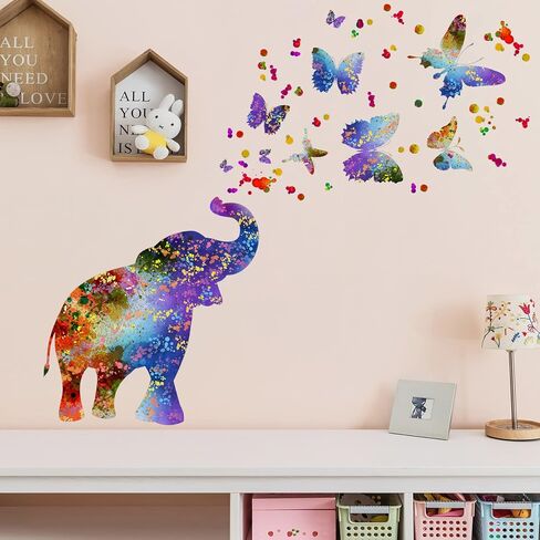 Creative Colorful Elephant Wall Decals Watercolor Butterfly Dots Wall Stickers DIY Removable Painting Ink Elephant Butterflies Wall Decor for Kids Girls Bedroom Living Room Nursery Decoration DT-093 in Saudi Arabia