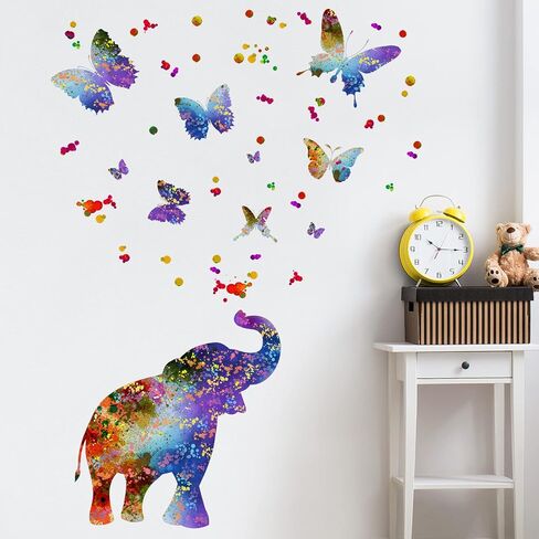 Creative Colorful Elephant Wall Decals Watercolor Butterfly Dots Wall Stickers DIY Removable Painting Ink Elephant Butterflies Wall Decor for Kids Girls Bedroom Living Room Nursery Decoration DT-093 in Saudi Arabia