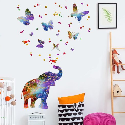 Creative Colorful Elephant Wall Decals Watercolor Butterfly Dots Wall Stickers DIY Removable Painting Ink Elephant Butterflies Wall Decor for Kids Girls Bedroom Living Room Nursery Decoration DT-093 in Saudi Arabia