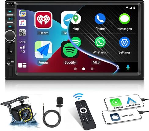 Double Din Car Stereo Apple Carplay Android Auto، شاشة لمس 7 بوصة، جهاز استقبال صوت السيارة بلوتوث مع كاميرا احتياطية، مشغل MP5 للسيارة مع EQ، وصلة مرآة، راديو FM، SWC/USB/TF/AUX+جهاز تحكم عن بعد in Kuwait