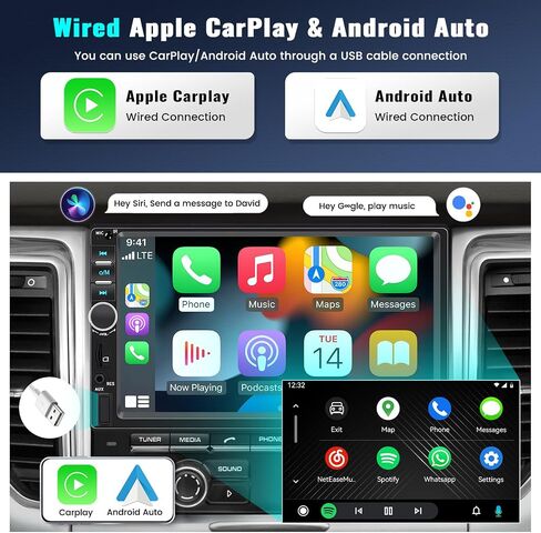 Double Din Car Stereo Apple Carplay Android Auto، شاشة لمس 7 بوصة، جهاز استقبال صوت السيارة بلوتوث مع كاميرا احتياطية، مشغل MP5 للسيارة مع EQ، وصلة مرآة، راديو FM، SWC/USB/TF/AUX+جهاز تحكم عن بعد in Kuwait