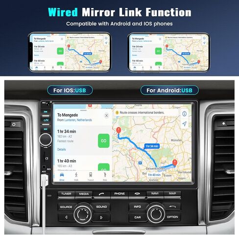 Double Din Car Stereo Apple Carplay Android Auto، شاشة لمس 7 بوصة، جهاز استقبال صوت السيارة بلوتوث مع كاميرا احتياطية، مشغل MP5 للسيارة مع EQ، وصلة مرآة، راديو FM، SWC/USB/TF/AUX+جهاز تحكم عن بعد in Kuwait