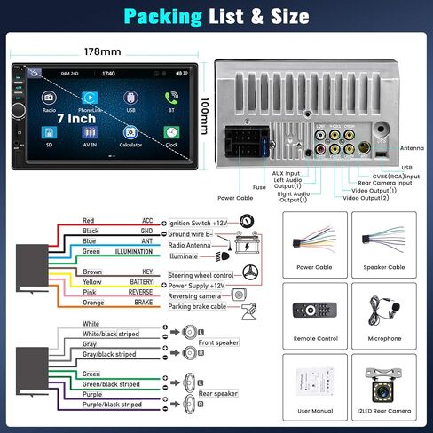 Double Din Car Stereo Apple Carplay Android Auto، شاشة لمس 7 بوصة، جهاز استقبال صوت السيارة بلوتوث مع كاميرا احتياطية، مشغل MP5 للسيارة مع EQ، وصلة مرآة، راديو FM، SWC/USB/TF/AUX+جهاز تحكم عن بعد in Kuwait