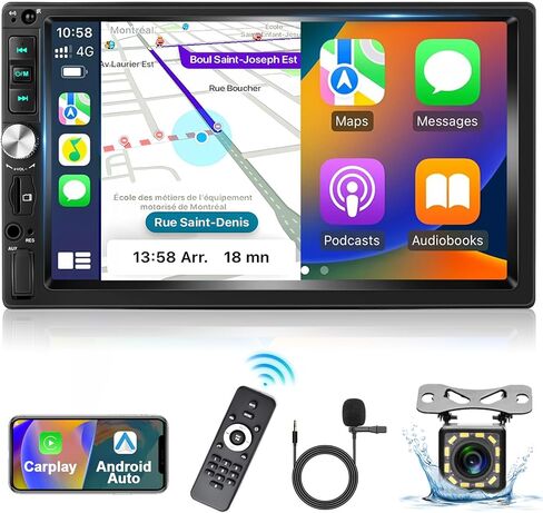 Podofo Car Stereo with Carplay Android Auto 7 Inch Double Din Car Radio Touchscreen Radio with Bluetooth/Backup Camera/FM Radio/Mirror Link + Microphone in Saudi Arabia