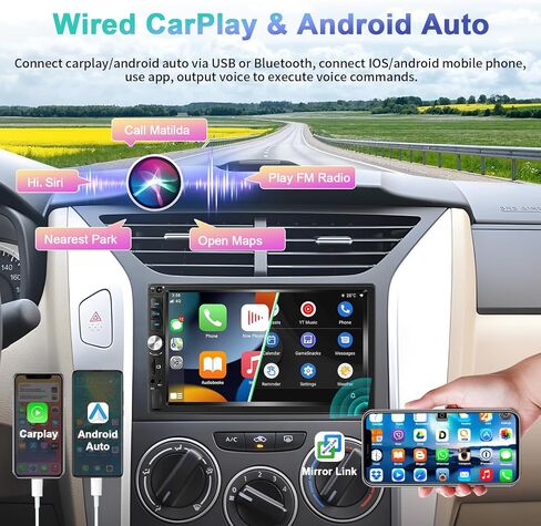Podofo Car Stereo with Carplay Android Auto 7 Inch Double Din Car Radio Touchscreen Radio with Bluetooth/Backup Camera/FM Radio/Mirror Link + Microphone in Saudi Arabia