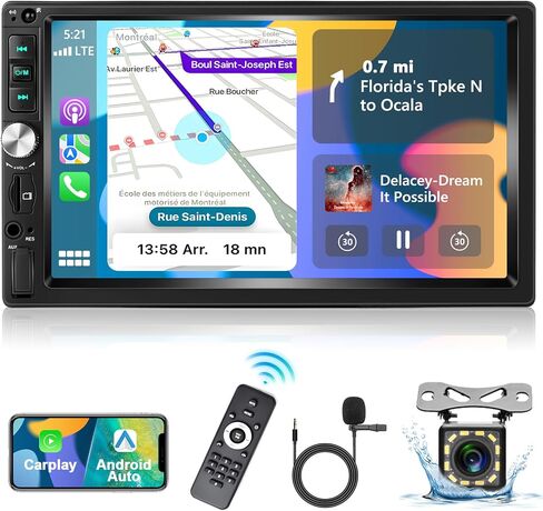 Podofo Car Stereo with Carplay Android Auto 7 Inch Double Din Car Radio Touchscreen Radio with Bluetooth/Backup Camera/FM Radio/Mirror Link + Microphone in Saudi Arabia