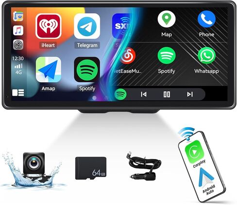 10.36 Inch Portable Car Stereo Full HD Touchscreen CarPlay Screen Support Wireless CarPlay Android Auto Bluetooth Hands-Free Backup Camera 64G Card Support Mirror Link, FM, GPS, Aux Input in Saudi Arabia