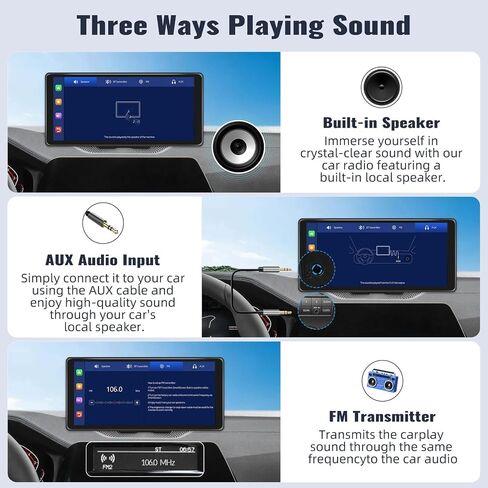 10.36 Inch Portable Car Stereo Full HD Touchscreen CarPlay Screen Support Wireless CarPlay Android Auto Bluetooth Hands-Free Backup Camera 64G Card Support Mirror Link, FM, GPS, Aux Input in Saudi Arabia